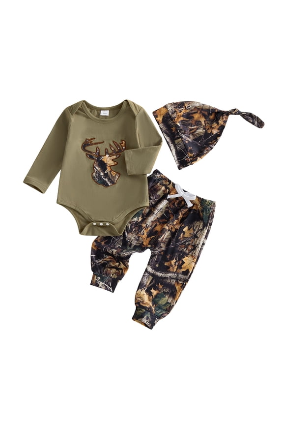 Newborn Baby Hunting Clothes Baby Boy Girl Camo Outfits Camouflage Clothing Deer Long Sleeve Romper Jungle Camo Pants Set Hat 3 Piece Spring Fall Winter Outfit