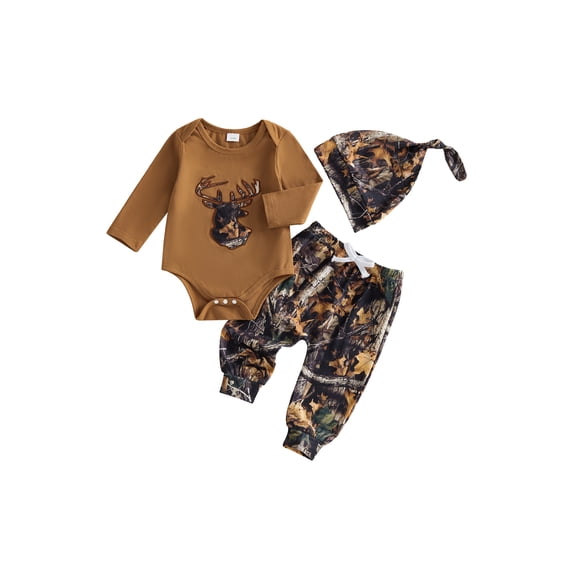 BemeyourBBs Newborn Baby Hunting Clothes Baby Boy Girl Camo Outfits Camouflage Clothing Deer Long Sleeve Romper Jungle Camo Pants Set Hat 3 Piece Spring Fall Winter Outfit