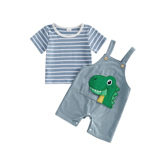 BemeyourBBs Newborn Baby Summer Clothes Infant Baby Boys Dinosaur Elephant Outfit Casual Loose Striped Short Sleeve T Shirt Tops and Animal Embroidered Overalls Jumpsuit Suspender Pants Set