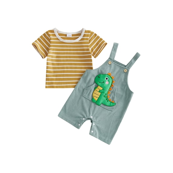 BemeyourBBs Newborn Baby Summer Clothes Infant Baby Boys Dinosaur Elephant Outfit Casual Loose Striped Short Sleeve T Shirt Tops and Animal Embroidered Overalls Jumpsuit Suspender Pants Set
