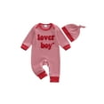 thumbnail image 1 of BemeyourBBs Newborn Baby Valentines Day Outfit Lover Boys Jumpsuit Long Sleeve Crewneck Striped Embroidery Romper Hat Set Spring Clothes, 1 of 9