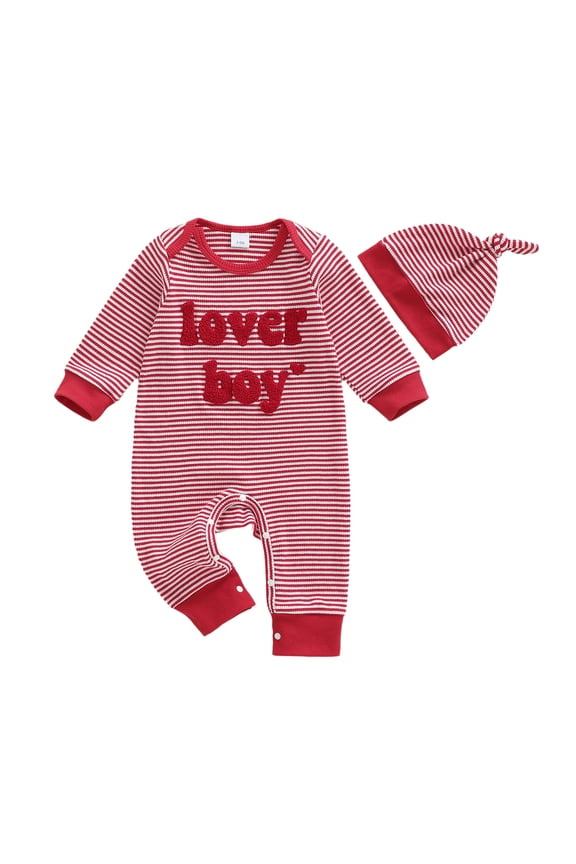 Newborn Baby Valentines Day Outfit Lover Boys Jumpsuit Long Sleeve Crewneck Striped Embroidery Romper Hat Set Spring Clothes