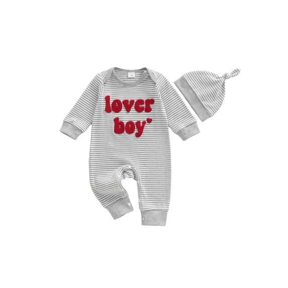 BemeyourBBs Newborn Baby Valentines Day Outfit Lover Boys Jumpsuit Long Sleeve Crewneck Striped Embroidery Romper Hat Set Spring Clothes