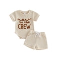 thumbnail image 1 of BemeyourBBs Newborn Boy Boy Girl Summer Clothes Infant Hospital Going Home Outfit New To The Crew Letters Embroidery Crew Neck Short Sleeve Romper and Elastic Waist Pockets Shorts Set, 1 of 9