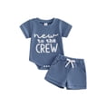 thumbnail image 1 of BemeyourBBs Newborn Boy Boy Girl Summer Clothes Infant Hospital Going Home Outfit New To The Crew Letters Embroidery Crew Neck Short Sleeve Romper and Elastic Waist Pockets Shorts Set, 1 of 9