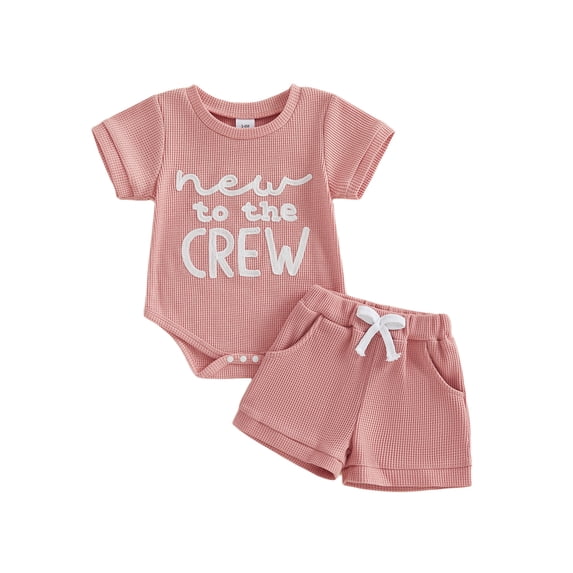 BemeyourBBs Newborn Boy Boy Girl Summer Clothes Infant Hospital Going Home Outfit New To The Crew Letters Embroidery Crew Neck Short Sleeve Romper and Elastic Waist Pockets Shorts Set