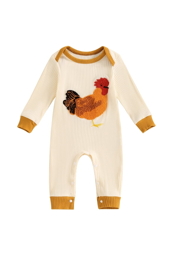 Newborn Boy Girl Chicken Outfits Overalls Rib Knit Romper One Piece Long Sleeve Farm Rooster Jumpsuit Bodysuit Infant Spring Fall Winter Clothes