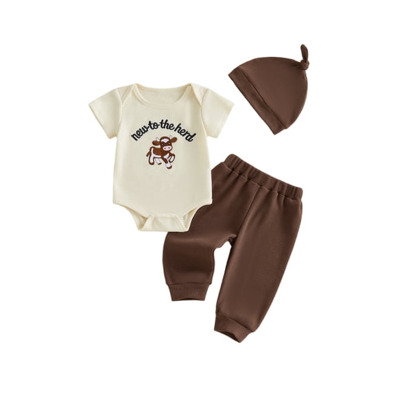 BemeyourBBs Newborn Coming Home Outfit Baby Boy Summer Clothes New to the Farm Outfit Letter Tractor Cow Embroidered Crew Neck Short Sleeve Romper Pants Cap 3 Pcs Set
