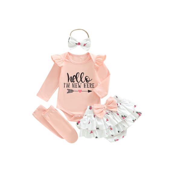 BemeyourBBs Newborn Hello I'm New Here Baby Girl Coming Home Outfits Letter Print Long Sleeve Romper Ruffle Shorts Skirt Headband Long Socks Set 4Pcs Spring Fall Winter Clothes