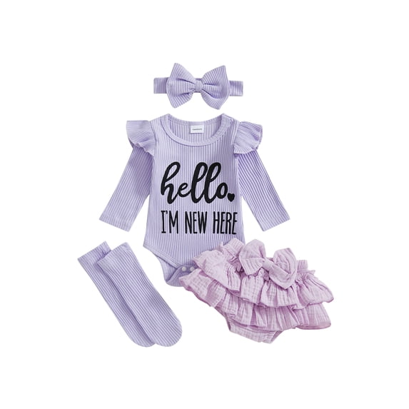 BemeyourBBs Newborn Hello I'm New Here Baby Girl Coming Home Outfits Letter Print Long Sleeve Romper Ruffle Shorts Skirt Headband Long Socks Set 4Pcs Spring Fall Winter Clothes