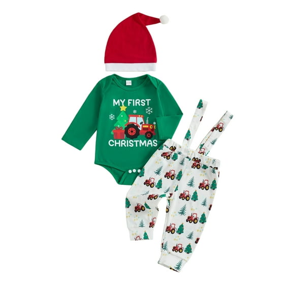 BemeyourBBs Newborn My First Christmas Baby Boy Christmas Outfits Long Sleeve Romper with Suspender Pants Hat Set