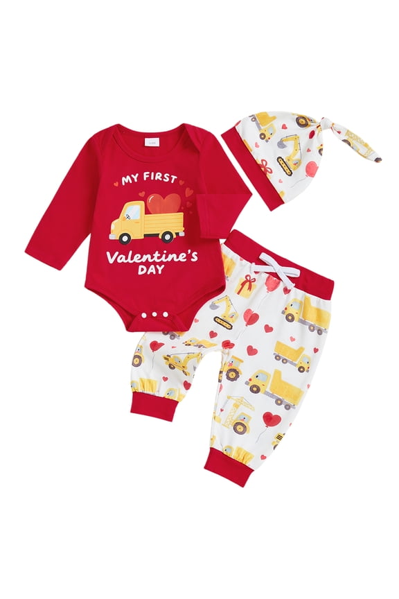 Newborn My First Valentines Day Outfit Baby Boy Outfits Letter Romper Excavator Pants Set Hat Cute Infant Spring Clothes