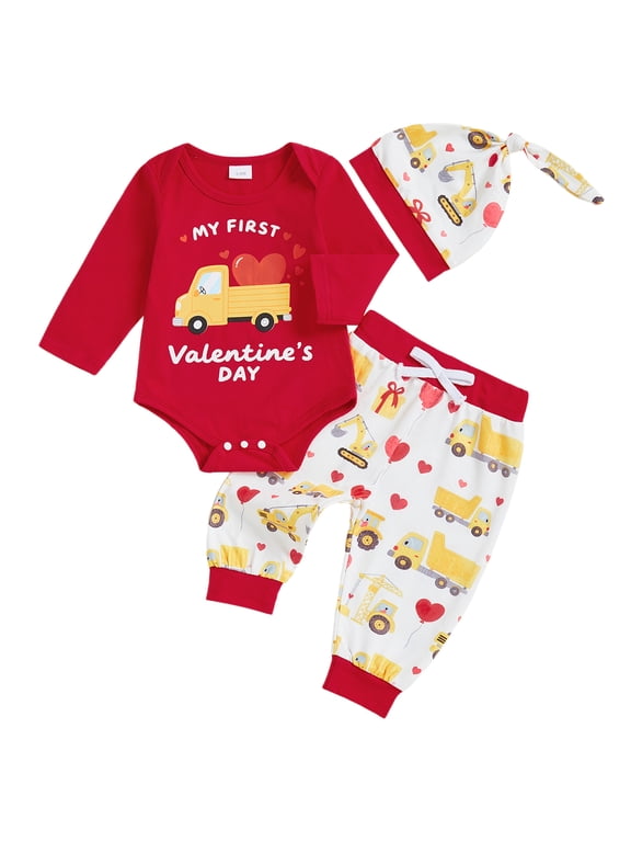 Newborn My First Valentines Day Outfit Baby Boy Outfits Letter Romper Excavator Pants Set Hat Cute Infant Spring Clothes