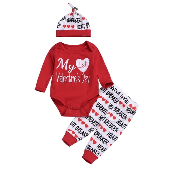 BemeyourBBs Newborn My First Valentines Day Outfit Baby Boy Outfits Letter Romper Excavator Pants Set Hat Cute Infant Spring Clothes
