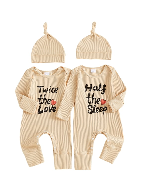 Newborn Twins Matching Outfits for Baby Boy Girl Twice The Love Half The Sleep Romper Long Sleeve Jumpsuit Hat 2Piece Come Home Outfit Spring Fall Winter Clothes Set