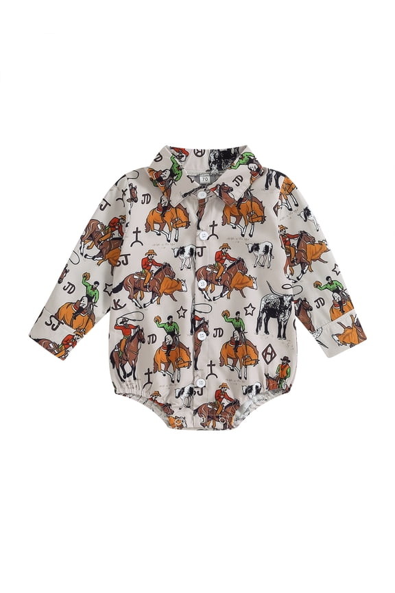 Newborn Western Cowboy Outfit Baby Boys Romper Button Down Shirt Jumpsuit Long Sleeve Lapel Animal Print Bodysuit