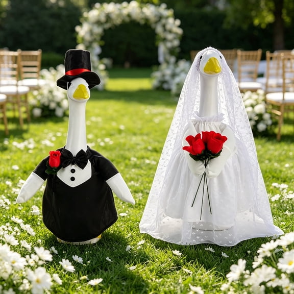 RUINIXCW Porch Goose Wedding Dress Porch Goose Bride Outfit 2 Set Bridal and Groom Couple Suit Costumes for 23 inch Plastic Cement Goose Statue Clothes Lawn Bridal Shower Decorations (No Goose)