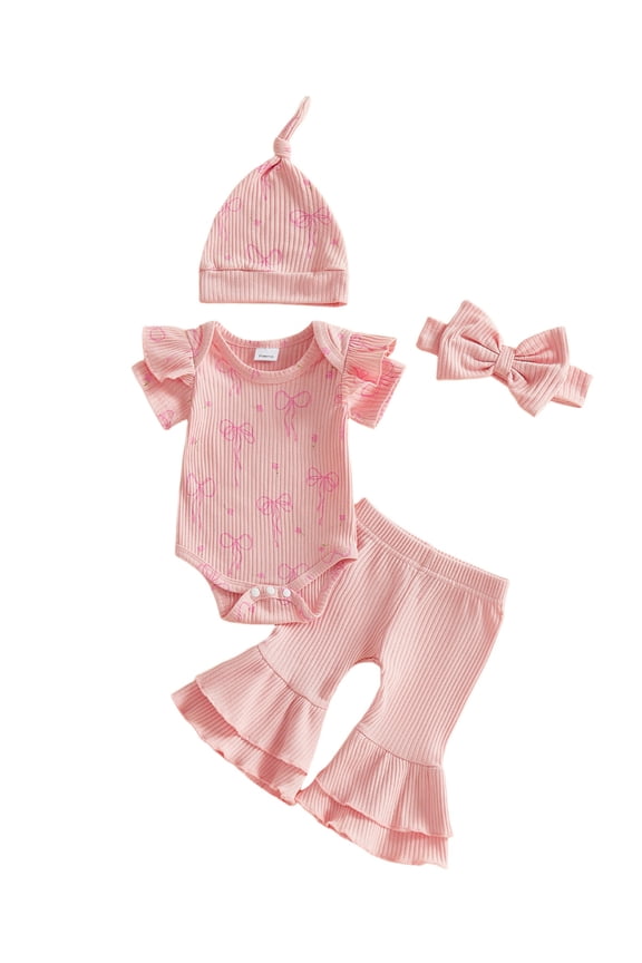 Preemie Baby Girl Newborn Hosptial Coming Home Outfits Baby Girl Summer Clothes Short Sleeve Bow Print Romper Flare Pants Set Headband Hat Set