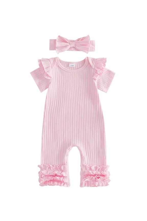 Preemie Baby Girl Spring Summer Fall Clothes Baby Girl Newborn Hospital Going Home Outfit Ribbed Romper Solid Color Ruffled Short Sleeve Full Length Jumpsuit with Bow Headband