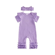 BemeyourBBs Preemie Baby Girl Spring Summer Fall Clothes Baby Girl Newborn Hospital Going Home Outfit Ribbed Romper Solid Color Ruffled Short Sleeve Full Length Jumpsuit with Bow Headband