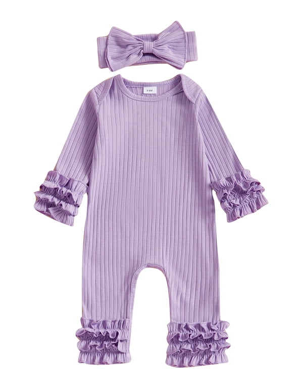 Preemie Baby Girl Spring Summer Fall Winter Clothes Baby Girl Newborn Hospital Going Home Outfit Ribbed Romper Solid Color Ruffled Long Sleeve Full Length Jumpsuit with Bow Headband