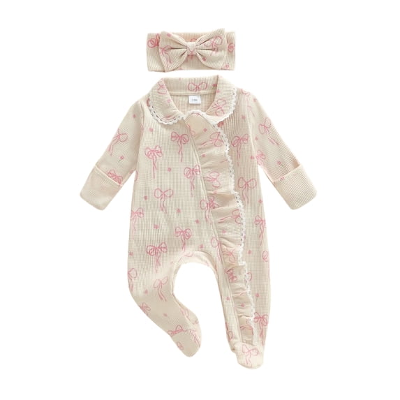 BemeyourBBs Preemie Baby Girl Spring Summer Fall Winter Clothes Baby Girl Newborn Hospital Going Home Outfit Ruffled Footed Romper Collar Long Sleeve Bow Zipper Footie Jumpsuit with Headband