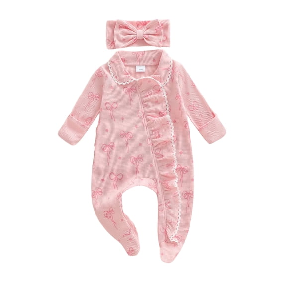 BemeyourBBs Preemie Baby Girl Spring Summer Fall Winter Clothes Baby Girl Newborn Hospital Going Home Outfit Ruffled Footed Romper Collar Long Sleeve Bow Zipper Footie Jumpsuit with Headband