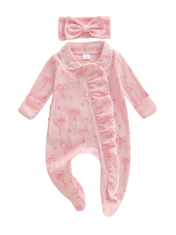 Preemie Baby Girl Spring Summer Fall Winter Clothes Baby Girl Newborn Hospital Going Home Outfit Ruffled Footed Romper Collar Long Sleeve Bow Zipper Footie Jumpsuit with Headband