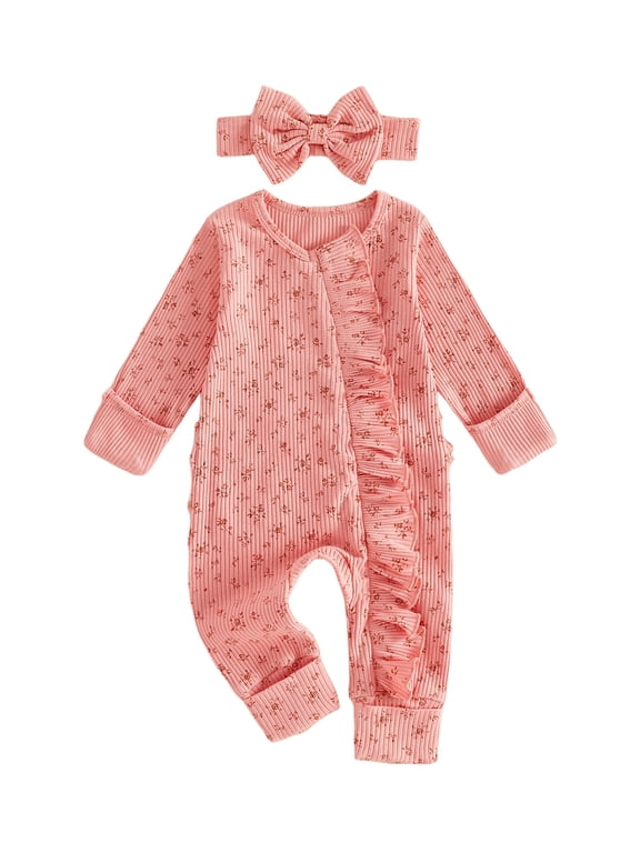 Preemie Baby Girl Spring Summer Fall Winter Clothes Baby Girl Newborn Hospital Going Home Outfit Ruffled Ribbed Romper Long Sleeve Floral Zipper Jumpsuit with Bowknot Headband