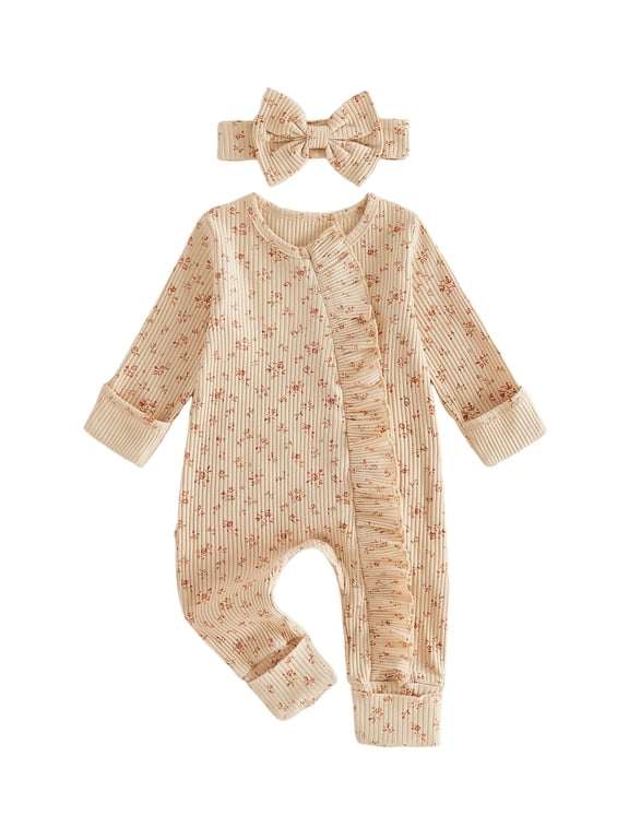 Preemie Baby Girl Spring Summer Fall Winter Clothes Baby Girl Newborn Hospital Going Home Outfit Ruffled Ribbed Romper Long Sleeve Floral Zipper Jumpsuit with Bowknot Headband