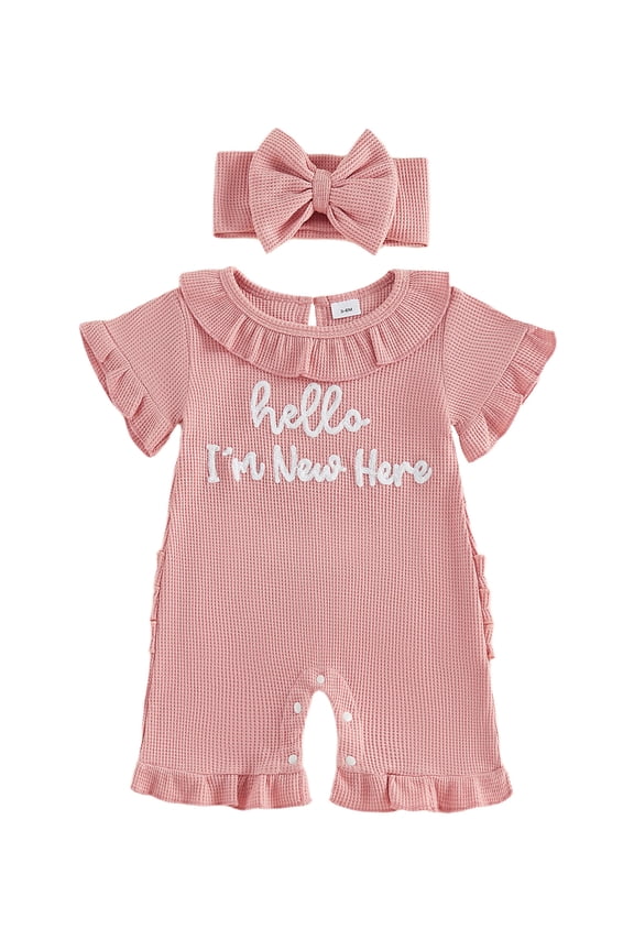 Preemie Baby Girl Summer Clothes Baby Girl Newborn Hospital Going Home Outfits Waffled Romper I'm New Here Letter Bow Embroidery Short Sleeve Jumpsuit and Headband Set