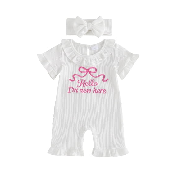 BemeyourBBs Preemie Baby Girl Summer Clothes Baby Girl Newborn Hospital Going Home Outfits Waffled Romper I'm New Here Letter Bow Embroidery Short Sleeve Jumpsuit and Headband Set