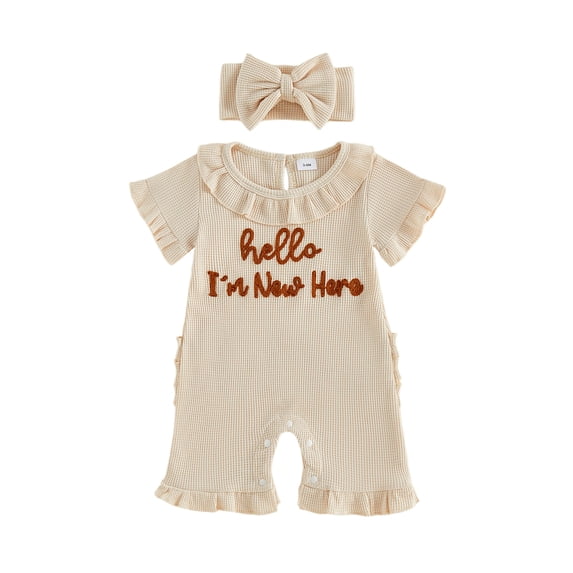 BemeyourBBs Preemie Baby Girl Summer Clothes Baby Girl Newborn Hospital Going Home Outfits Waffled Romper I'm New Here Letter Bow Embroidery Short Sleeve Jumpsuit and Headband Set