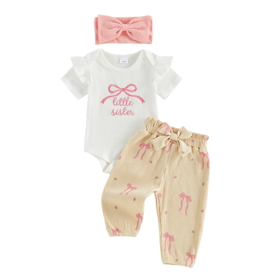 BemeyourBBs Preemie Newborn Baby Girl Little Sister Outfit Cute Infant Baby Girls Spring Summer Fall Clothes 0 3 6 Months Bow Ribbed Short Sleeve Romper Pants and Headband 3pcs Set