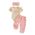 thumbnail image 1 of BemeyourBBs Preemie Newborn Baby Girl Little Sister Outfit Cute Infant Baby Girls Spring Summer Fall Clothes 0 3 6 Months Bow Ribbed Short Sleeve Romper Pants and Headband 3pcs Set, 1 of 9