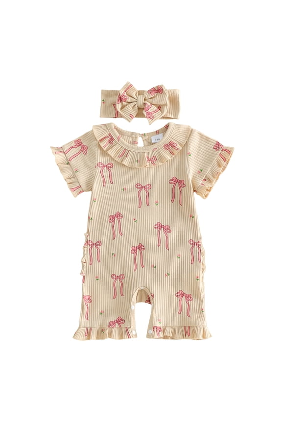 Preemie Newborn Baby Girl Summer Clothes 0 3 6 Months Ribbed Romper Short Sleeve Ruffled Round Neck Bow Print One Piece Jumpsuit with Headband