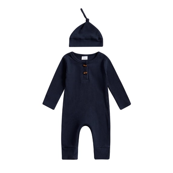BemeyourBBs Preemie Newborn Going Home Outfit Baby Boy Girl Ribbed Knit Romper Hat Set Long Sleeve Button One Piece Jumpsuit Spring Fall Winter Sleepers Clothes