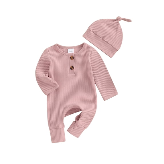 BemeyourBBs Preemie Newborn Going Home Outfit Baby Boy Girl Ribbed Knit Romper Hat Set Long Sleeve Button One Piece Jumpsuit Spring Fall Winter Sleepers Clothes