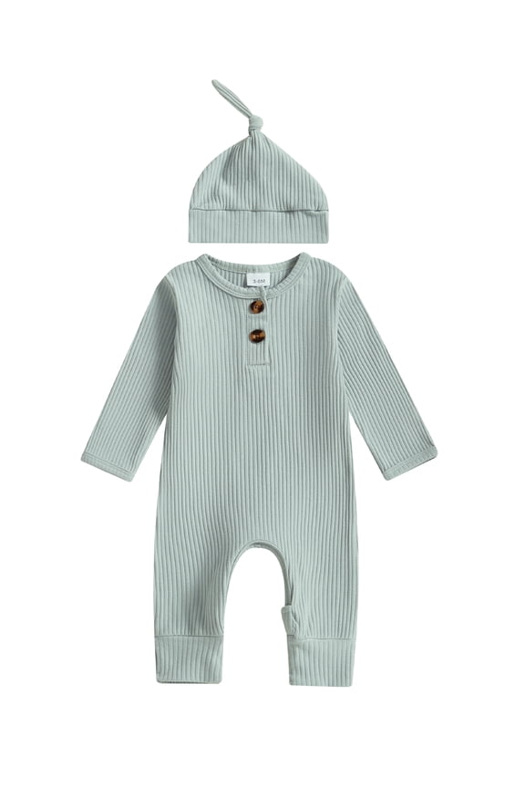Preemie Newborn Going Home Outfit Baby Boy Girl Ribbed Knit Romper Hat Set Long Sleeve Button One Piece Jumpsuit Spring Fall Winter Sleepers Clothes