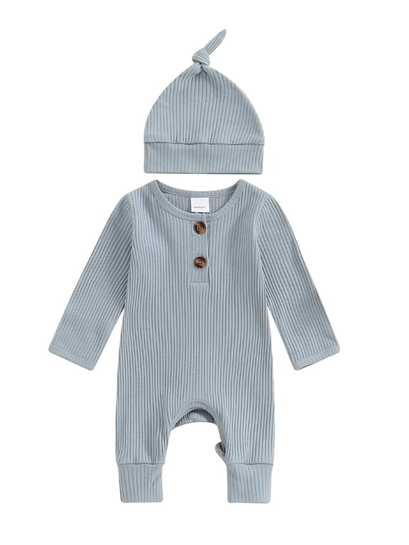 Preemie Newborn Going Home Outfit Baby Boy Girl Ribbed Knit Romper Hat Set Long Sleeve Button One Piece Jumpsuit Spring Fall Winter Sleepers Clothes