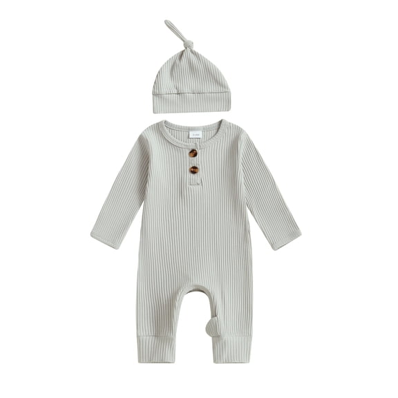 BemeyourBBs Preemie Newborn Going Home Outfit Baby Boy Girl Ribbed Knit Romper Hat Set Long Sleeve Button One Piece Jumpsuit Spring Fall Winter Sleepers Clothes