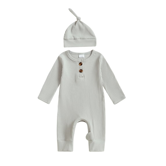 BemeyourBBs Preemie Newborn Going Home Outfit Baby Boy Girl Ribbed Knit Romper Hat Set Long Sleeve Button One Piece Jumpsuit Spring Fall Winter Sleepers Clothes