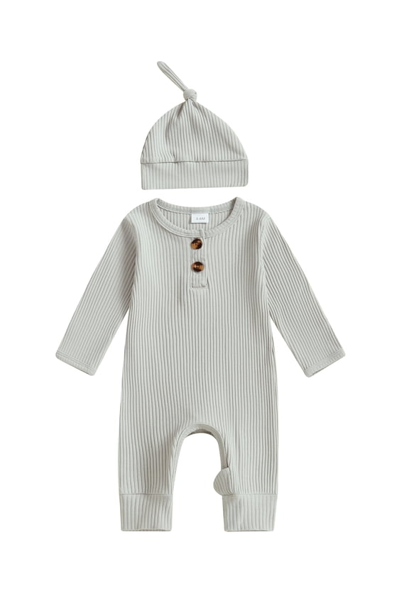 Preemie Newborn Going Home Outfit Baby Boy Girl Ribbed Knit Romper Hat Set Long Sleeve Button One Piece Jumpsuit Spring Fall Winter Sleepers Clothes