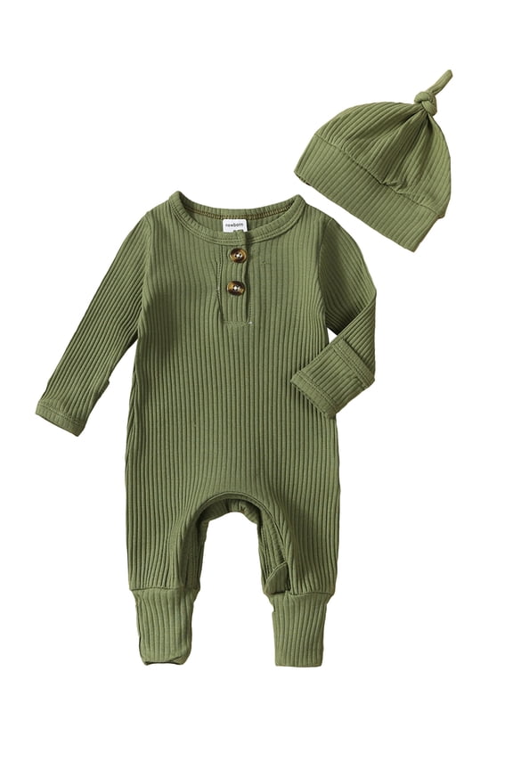 Preemie Newborn Going Home Outfit Baby Boy Girl Ribbed Knit Romper Hat Set Long Sleeve Button One Piece Jumpsuit Spring Fall Winter Sleepers Clothes