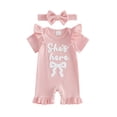 thumbnail image 1 of BemeyourBBs She‘s Here Baby Girls Spring Summer Fall Clothes Newborn Baby Girl Hospital Going Home Outfit Waffled Romper Bow Letter Print Ruffle Short Sleeve One Piece Jumpsuit with Headband, 1 of 9