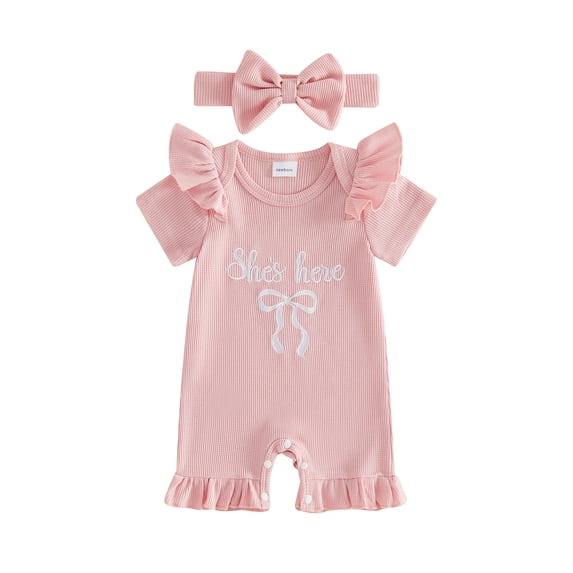 BemeyourBBs She‘s Here Baby Girls Spring Summer Fall Clothes Newborn Baby Girl Hospital Going Home Outfit Waffled Romper Bow Letter Print Ruffle Short Sleeve One Piece Jumpsuit with Headband