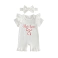 thumbnail image 1 of BemeyourBBs She‘s Here Baby Girls Spring Summer Fall Clothes Newborn Baby Girl Hospital Going Home Outfit Waffled Romper Bow Letter Print Ruffle Short Sleeve One Piece Jumpsuit with Headband, 1 of 9