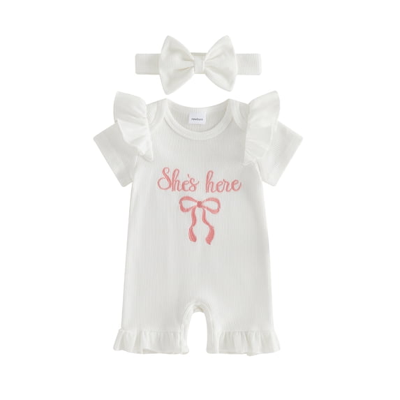 BemeyourBBs She‘s Here Baby Girls Spring Summer Fall Clothes Newborn Baby Girl Hospital Going Home Outfit Waffled Romper Bow Letter Print Ruffle Short Sleeve One Piece Jumpsuit with Headband