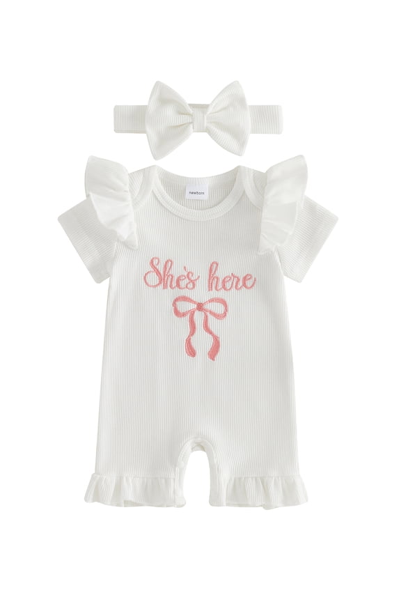 She‘s Here Baby Girls Spring Summer Fall Clothes Newborn Baby Girl Hospital Going Home Outfit Waffled Romper Bow Letter Print Ruffle Short Sleeve One Piece Jumpsuit with Headband