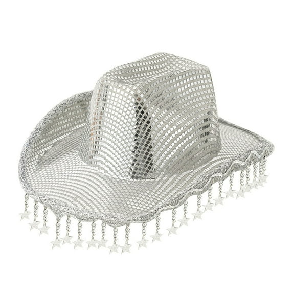 BemeyourBBs Silver Cowboy Hat Women Men Rhinestone Tasseled Western Cowgirl Hat Bride Glitter Sparkly Cow Girl Hat with Fringe for Party Music Festival